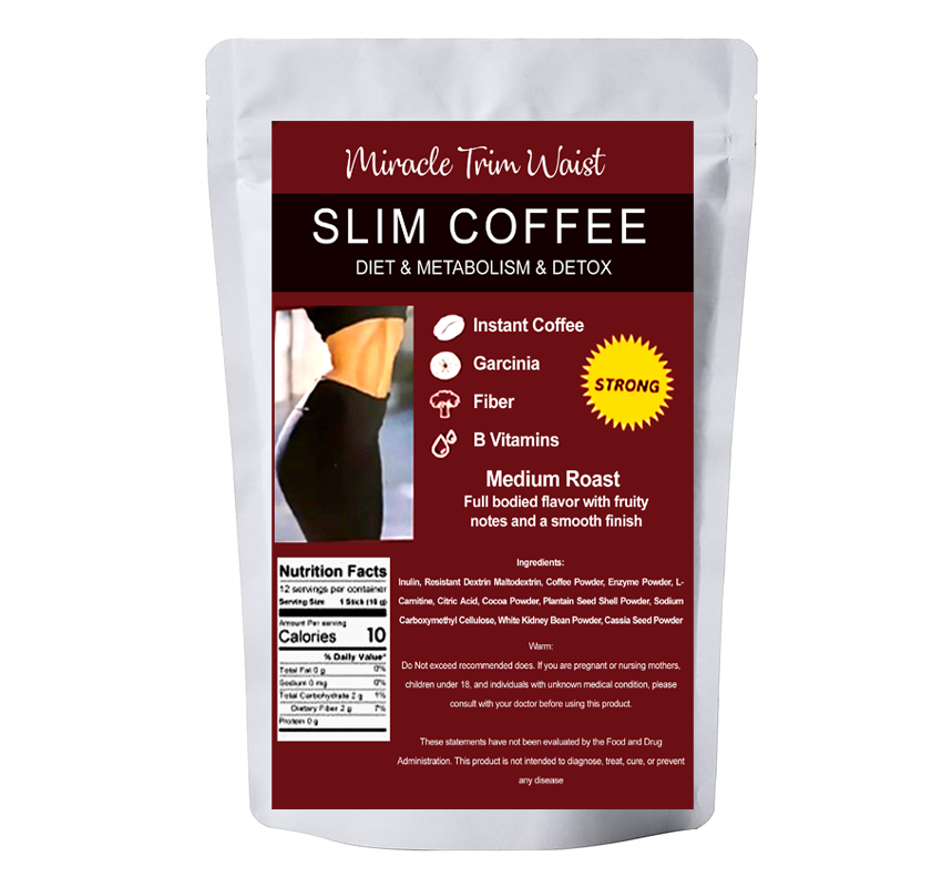 Miracle Trim Waist Slim Coffee pouch with red and black front label on a white background.