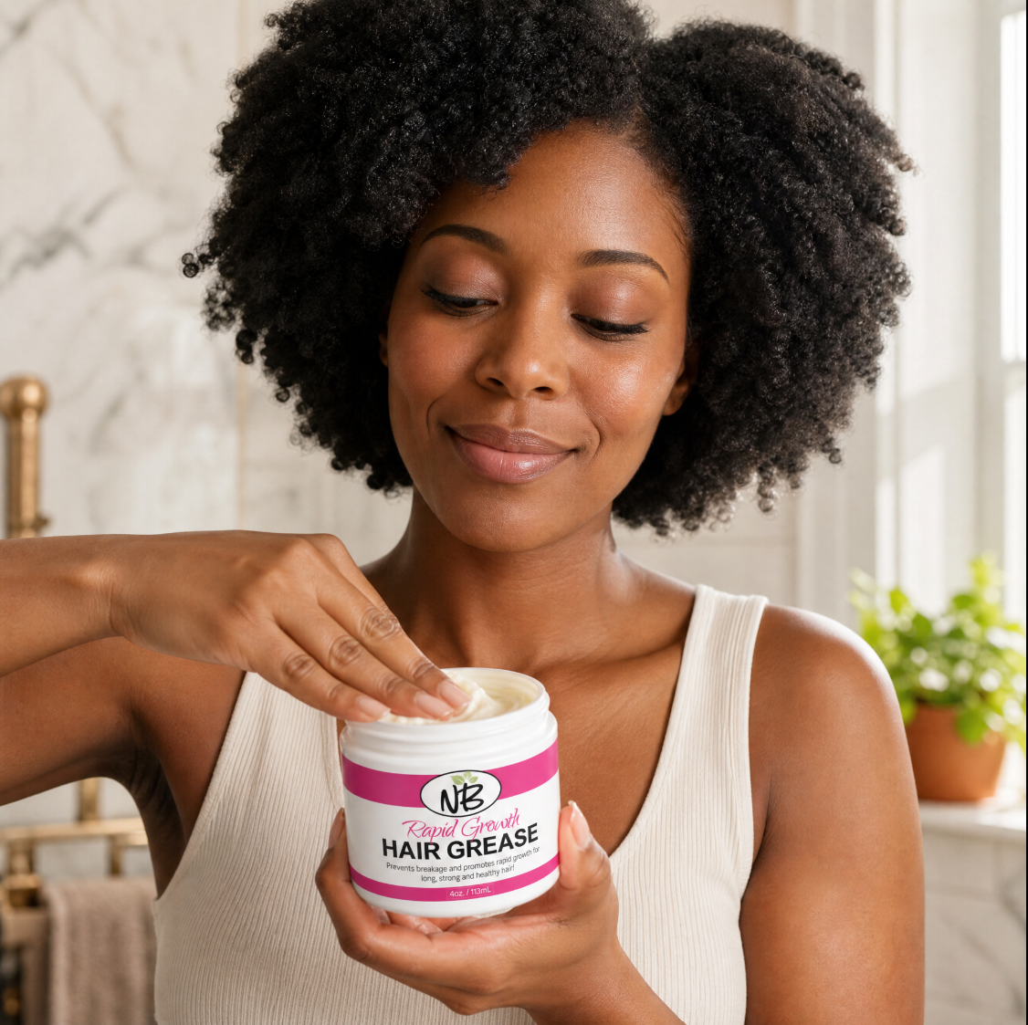 Woman holding Rapid Growth Hair Grease jar during a natural haircare routine
